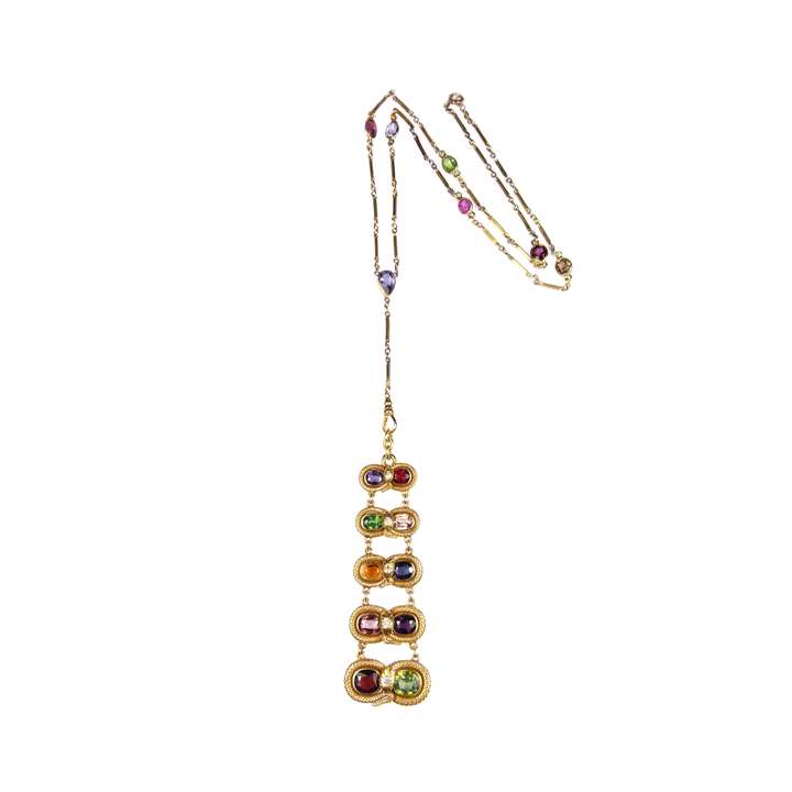 19th century vari-coloured gem and gold snake motif pendant and chain necklace